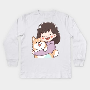 Just a Girl with her corgi dog illustration I Kids Long Sleeve T-Shirt